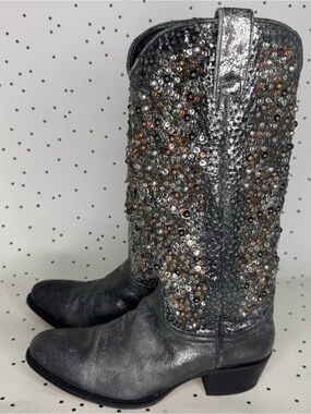 Frye Deborah Crystal-Embellished studded Metallic Gray Brown Cowboy Boots size 9